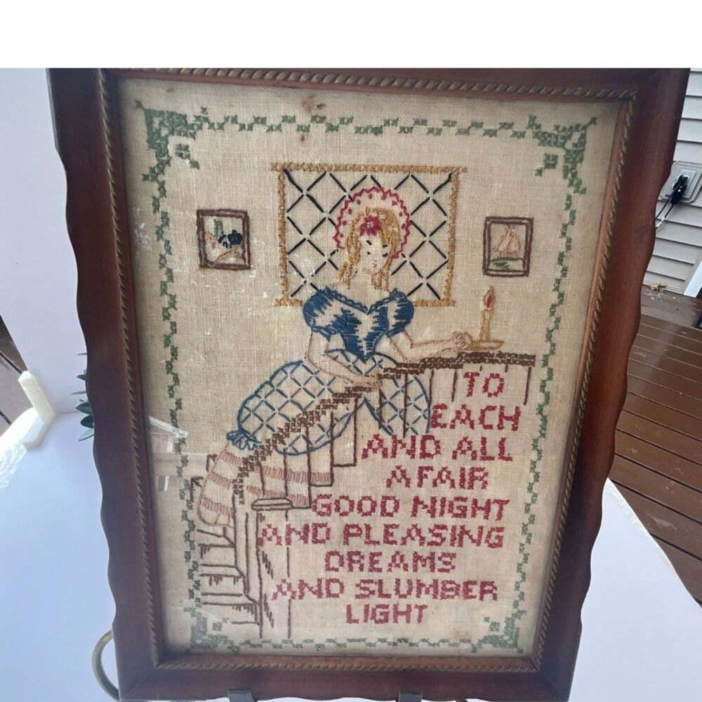 Vintage framed cross stitch sampler Victorian girl on steps; cottagecore